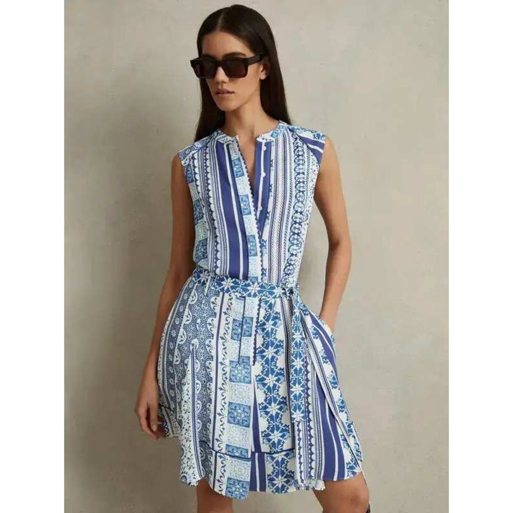 Reiss Florence Tile Print Mini Dress Sleeveless Belted Blue White Size 8